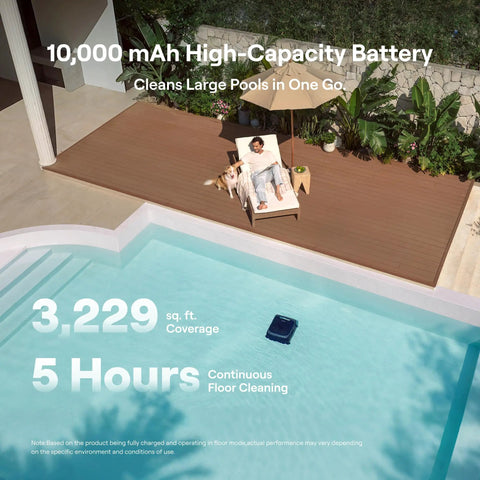 Image of a backyard pool with Sora 70 Pool Vacuum Robot Delivers 360 Degree Cleaning From Surface To Floor With Smart Surface Parking.