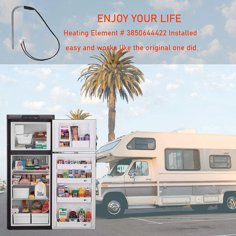 Heating Element 3850644422 325W 120V Replacement For Dometic Refrigerator shown with an RV and palm tree background.