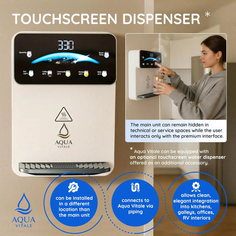 Atmospheric Water Generator A20L Delivers Up To 20 Liters Of Fresh Water Per Day From Air With Next Level Multi Stage Filtration, Reverse Osmosis And UV Sterilization, Bottleless Water Dispenser For Home, Office, Hotels touchscreen interface on wall with user interacting.