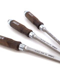 Pro Grade Workhorse Czech Steel Mortise Chisel Set 6mm, 10mm, 12mm with stained European Beech handles displayed on white.