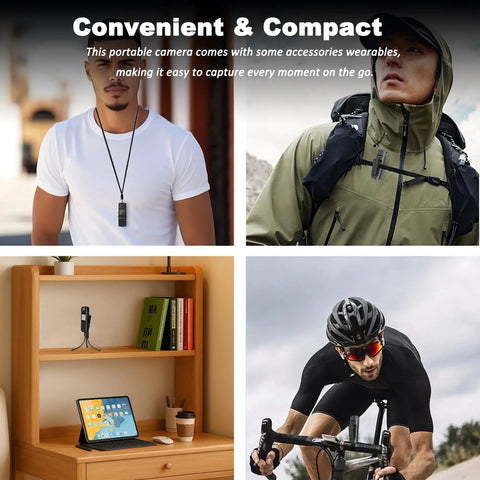 Crisp 4K Body Cam with audio and video recording, shown worn by civilians and setup on a desk, showcasing its compact convenience.