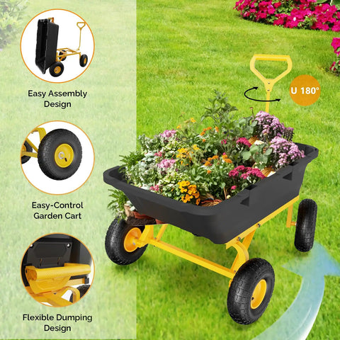 Heavy Duty Dump Cart Wagon With Quick Release Dump 800 Pound Capacity showing flowers loaded on 4 wheel garden cart
