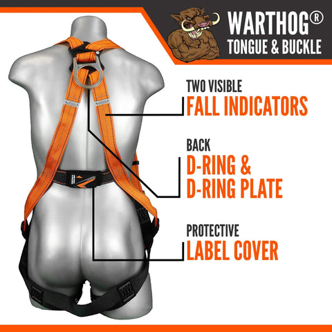 Warthog Construction Safety Harness For Fall Protection With Back D Ring Chest And Leg Buckles Fall Indicators shown on mannequin