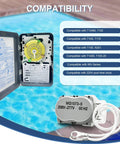 Compatibility chart and Pool Timer Replacement Motor 208 277 Volt 60Hz 3W Quiet Durable Replacement for T104M T104P displayed poolside.