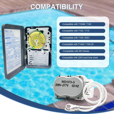 Compatibility chart and Pool Timer Replacement Motor 208 277 Volt 60Hz 3W Quiet Durable Replacement for T104M T104P displayed poolside.