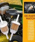 Heavy Duty Inline Fuel Filter For One Quarter Inch And Five Sixteenth Inch Fuel Lines displayed with mower engine and OE parts list