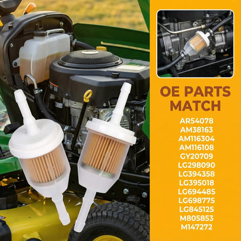 Heavy Duty Inline Fuel Filter For One Quarter Inch And Five Sixteenth Inch Fuel Lines displayed with mower engine and OE parts list