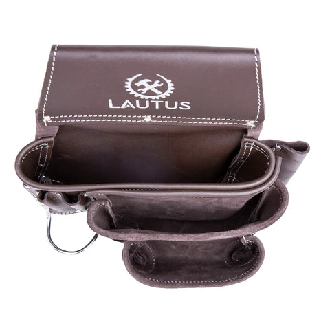 Top Grain Leather Heavy Duty Tool Belt Pouch Bag For Framers Carpenters Construction Pros Handyman And Electricians With Speed Square Pocket And Ample Tool Storage top view showing compartments.
