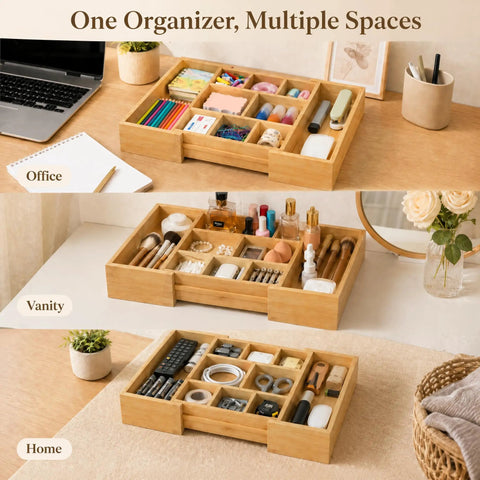 Expandable Bamboo Drawer Organizer Set With 10 Adjustable Compartments And 2 Sliding Extensions in office, vanity, and home setup