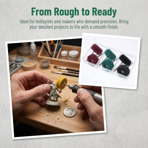 Hand using rotary tool with 1 Inch Mini Polishing Wheels Set 100 Pcs Abrasive Buffing Wheels to polish a small figurine on a wooden desk.