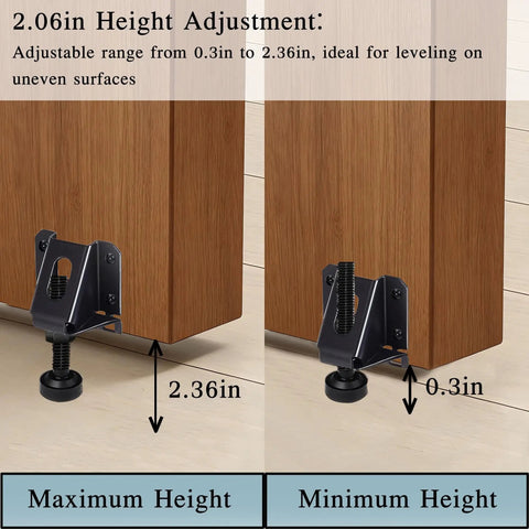 Heavy Duty Adjustable Leveling Feet 4 Pack Black Furniture Levelers With Hex Key Adjustment For Couches Cabinets Benches And Shelves Built Like A Tank Handles Three Hundred Pounds Stays Put Guaranteed No More Wobbles Allowed showing 2.36in and 0.3in height adjustment.