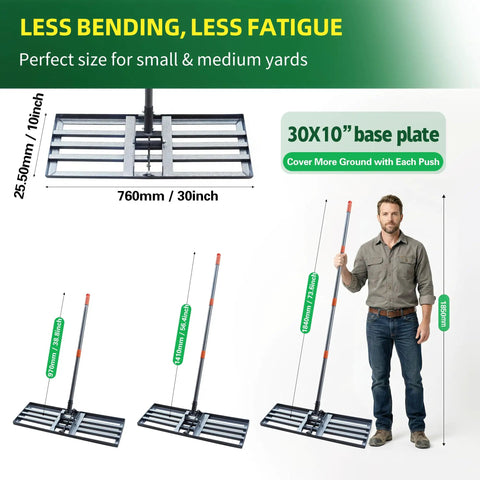 Heavy Duty Carbon Steel Lawn Leveling Rake 6 Ft Yard Leveler For Soil Sand Grass 30 By 10 Inch shown with dimensions and handle