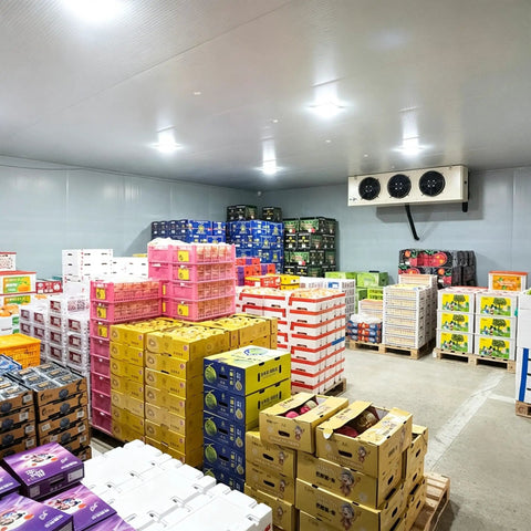 Inside view of Shop Grade Modular Walk In Cooler And Freezer Combo For Restaurant Food Storage Quick Snap Together Insulated Cold Room Kit with stacked boxes.