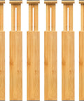 Premium Expandable Bamboo Drawer Dividers Six Pack, adjustable bamboo organizers for kitchen utensils, bedroom closets, office desks.