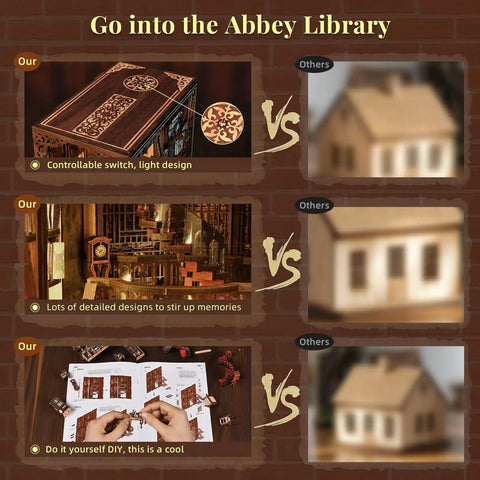 Comparison of DIY Miniature Book Nook Kit With 3D Wooden Puzzle, LED Light Bookend Insert for Bookshelf Decor versus simple wooden models.