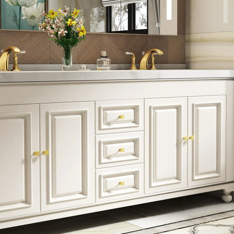 Solid As Nails 5 Pack Square Cabinet Knobs Brushed Brass Finish Zinc Alloy Drawer Handles For Quick Furniture Flips And Room Refreshes, white cabinet with brass knobs.
