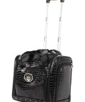 Underseat Luggage Bag With Croco PVC Finish 15 Inch Carry On For Women Lightweight Travel Buddy With 2 Spinner Wheels Airline Friendly Black Everyday, black bag with handle and wheels.