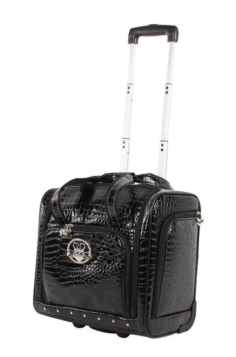 Underseat Luggage Bag With Croco PVC Finish 15 Inch Carry On For Women Lightweight Travel Buddy With 2 Spinner Wheels Airline Friendly Black Everyday, black bag with handle and wheels.