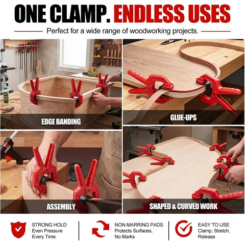Eight Pack Edge Band Spring Clamps for edge banding and woodworking adjustable clips in use on various projects