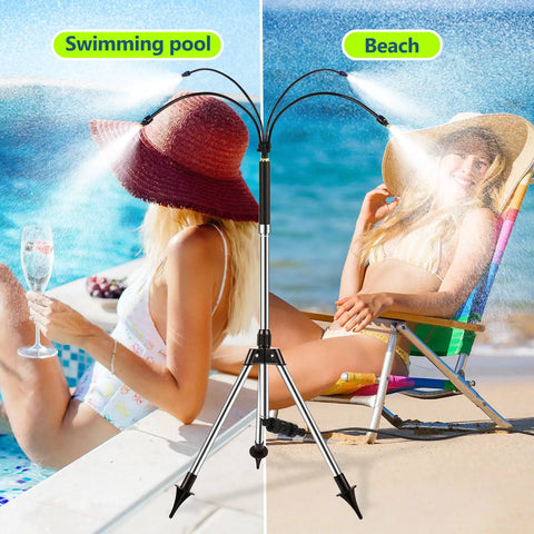 Outdoor Standing Misting System For Patio And Backyard Keeps It Cool With 4.1Ft Adjustable Height Triangular Tripod Base Four Flexible Spray Tubes Portable Water Cooling Mister for poolside relaxation and beach use