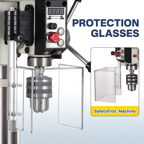 Close-up of 10 Inch Benchtop Drill Press With Variable Speed From 50 To 3000 RPM, featuring safety protection glasses