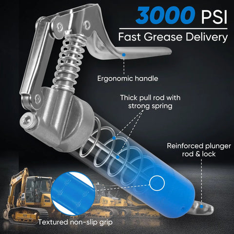 Front view of KRETLAW mini grease gun with blue grease cartridge, 12-in flexible hose and ergonomic handle.