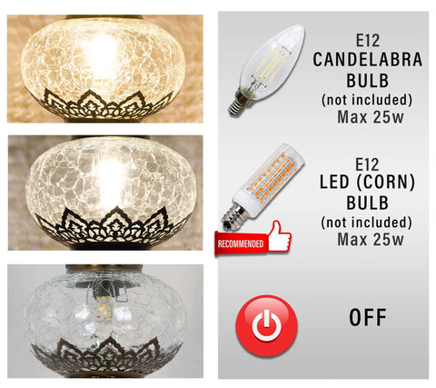 Turkish Clear Glass Moon Shape Table Lamp with E12 bulb options and crackle glass details, power off