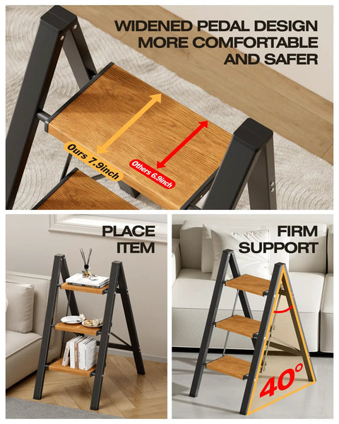 3 Step Aluminum Folding Ladder With Anti Slip Wide Pedals, Ultra Lightweight And Sturdy, showcasing wide pedals and firm support.
