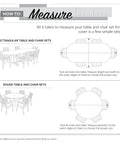 Diagram showing how to measure patio table and chairs for covers, including round and rectangular table sets with specified instructions.