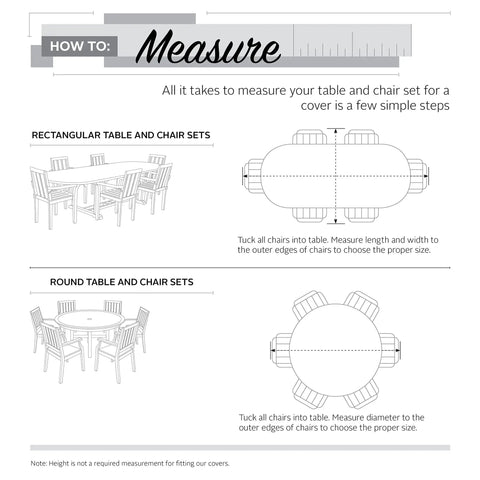 Diagram showing how to measure patio table and chairs for covers, including round and rectangular table sets with specified instructions.