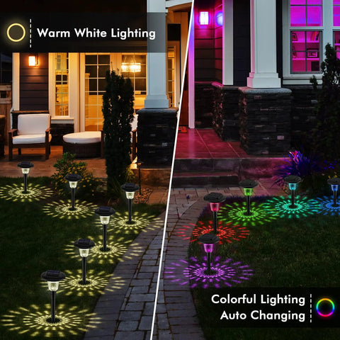 8 Pack Glass Solar Outdoor Lights With 1000mAh Solar Panel Warm White Color Changing Modes For Pathways And Walkways Backyard Lawn Garden Waterproof Glass Shade illuminating a garden