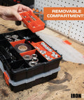 Person organizing nuts and bolts in a Gear Up Small Parts Tool Organizer For Service Trucks And Cargo Vans Heavy Duty Metal Wall Mount Rack.