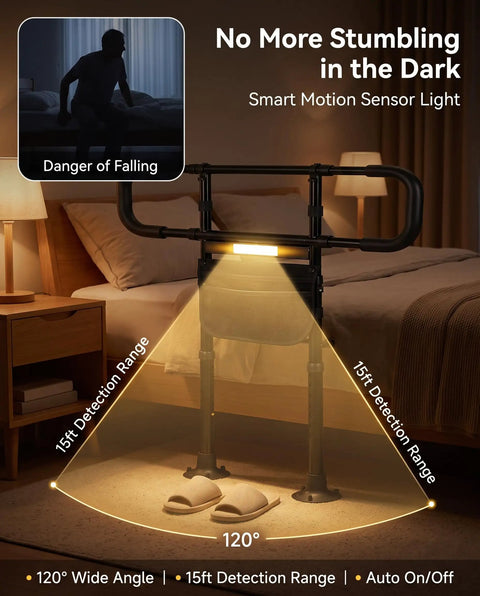 Motion Sensor Night Light Bed Rail For Seniors With Non Slip Handles in use at bedside at night highlighting fall prevention.