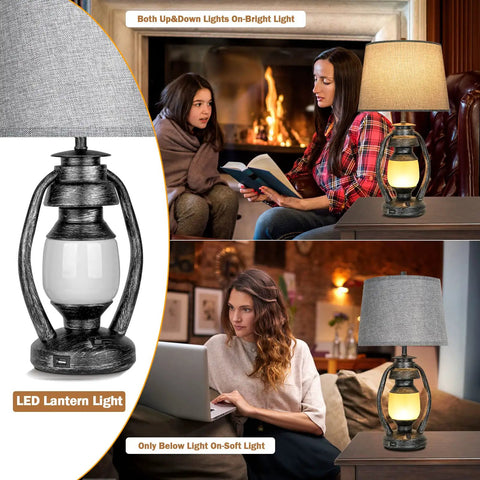 3-Way Dimmable Touch Control Table Lamps Set Of 2 With Cozy Farmhouse Lantern Nightlight, 23 Inch Bedside USB Lamp in use