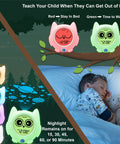 Ready to Wake Owl Sleep Trainer for Kids with color changing clock, ceiling projection, showing green and red light modes