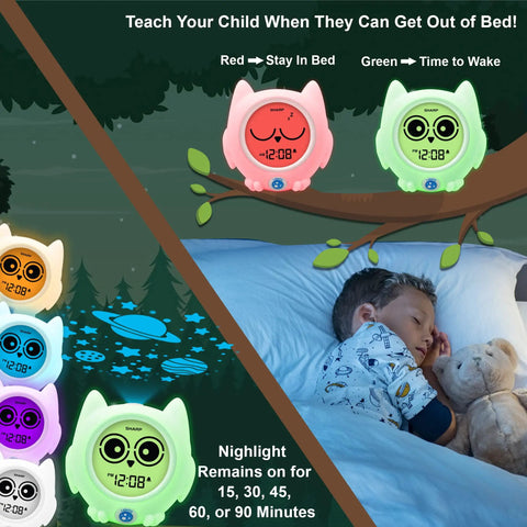 Ready to Wake Owl Sleep Trainer for Kids with color changing clock, ceiling projection, showing green and red light modes