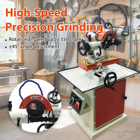 220V Universal Cutter Grinder And Saw Blade Sharpener featuring adjustable angles and cooling loop for precision grinding.