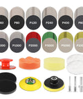 All In One 3 Inch Sanding Disc Polishing Kit For Drill Rotary Tools Wet Dry Headlight Restoration 120 Pieces Of 3 Inch Grits 60 Through 10000 Hook And Loop Sandpaper Buffing Pads Backing Plate And Pads Included, showing various sanding discs, pads, and attachments.