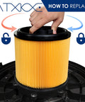 Replacing vacuum filter showing hand and filter for Replacement Vacuum Filter For VacMaster 5 To 16 Gallon Standard Cartridge