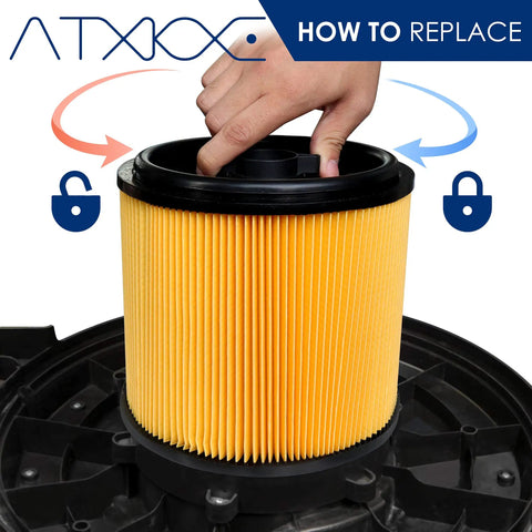 Replacing vacuum filter showing hand and filter for Replacement Vacuum Filter For VacMaster 5 To 16 Gallon Standard Cartridge