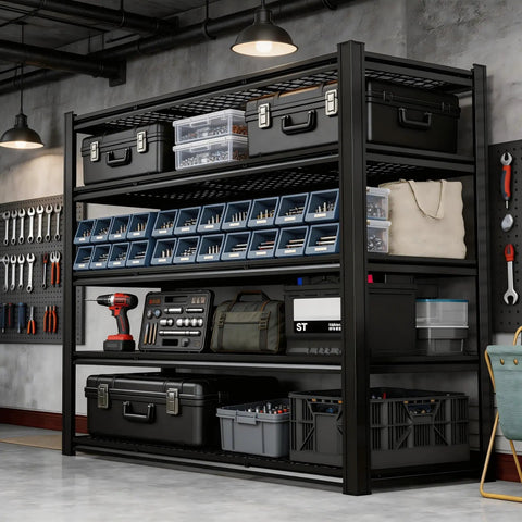 Rock Solid Garage Shelving Unit 72 Inches Tall With 5000 Pound Capacity And Fully Adjustable Heights Perfect For Warehouse Workshop Organization Heavy Duty Metal Storage Rack That Holds Heavy Gear All Day Long Without Skipping A Beat
