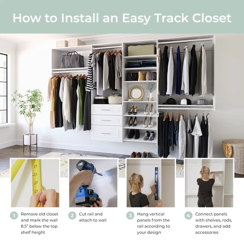 How to Install an Easy Track Closet: Wide Closet Organizer Kit With Pull Out Valet Rod Wall Mounted All In One Three Full Extension Drawers