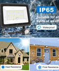 Two Pack 50W LED Flood Lights Outdoor With Motion Sensor And Plug IP65 Waterproof Security Floodlights Deliver 7000 Lumens Of Daylight White 6500K Easy Install For Garden Patio And Backyard; floodlight on house and cabin, weather-resistant in rain and snow.