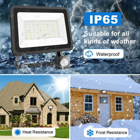 Two Pack 50W LED Flood Lights Outdoor With Motion Sensor And Plug IP65 Waterproof Security Floodlights Deliver 7000 Lumens Of Daylight White 6500K Easy Install For Garden Patio And Backyard; floodlight on house and cabin, weather-resistant in rain and snow.