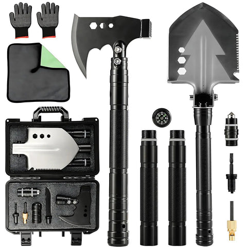 Heavy Duty Camping Axe And Shovel Multi Tool Set For Off Road Survival Gear Tactical Car Emergency Kit Compact Steel Axe Shovel Combo Built Tough For Camping Hiking Bug Out And Everyday Outdoor Projects displayed with accessories.