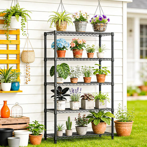 Heavy Duty 5-Tier Metal Storage Shelving Unit With Adjustable Wire Shelves For Garage, Kitchen, Basement, Laundry And Office, The Workhorse Black Steel Rack With 1750 Lbs Total Capacity, 47.2 W X 17.7 D X 72.3 H, holding potted plants outdoors