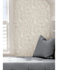 Cream Terrene Peel And Stick Wallpaper For Walls DIY Friendly Removable Self Adhesive Repositionable No Residue Easy To Install Neutral Cream Pattern For Living Room And Bedroom Accent shown on a wall next to a window with gray seating.