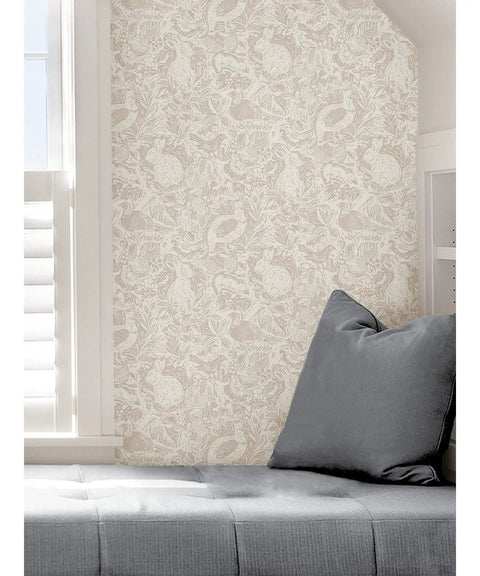 Cream Terrene Peel And Stick Wallpaper For Walls DIY Friendly Removable Self Adhesive Repositionable No Residue Easy To Install Neutral Cream Pattern For Living Room And Bedroom Accent shown on a wall next to a window with gray seating.