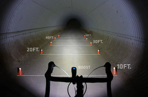 View from bike with Lumina 900 Boost USB Rechargeable MTB Road Commuter LED Bike Light illuminating tunnel distance markers.