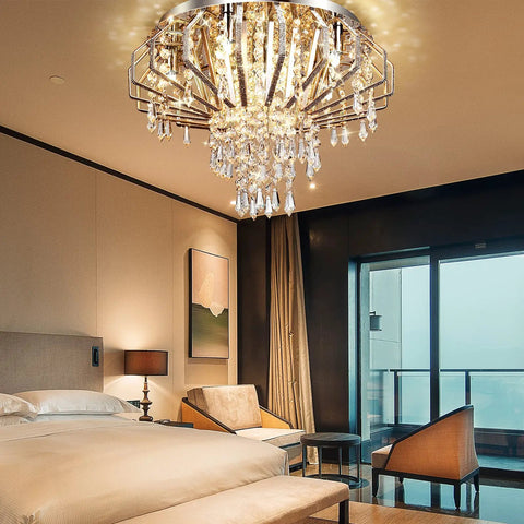 Six Light Crystal Chandelier Ceiling Light Fixture Modern Flush Mount with Sparkling Crystals in a Bedroom